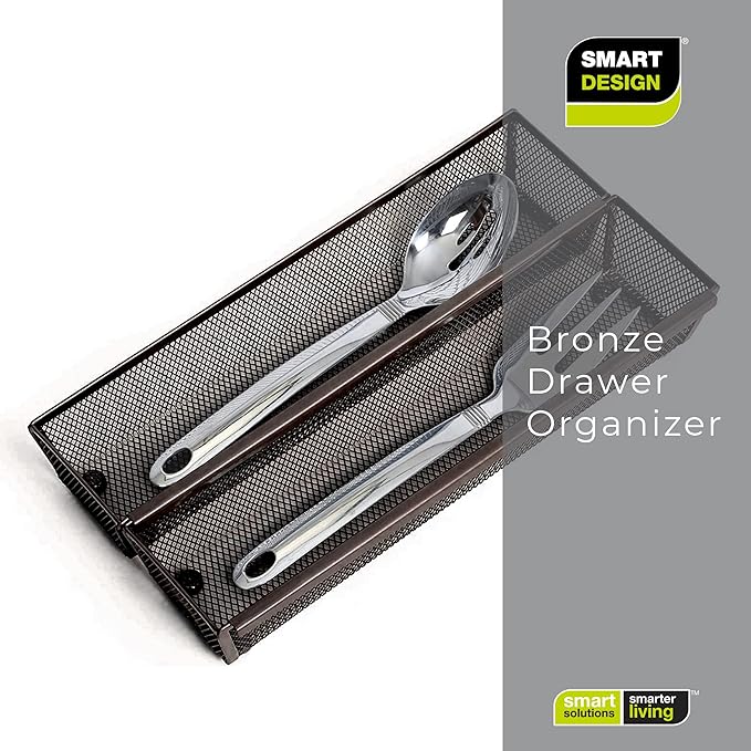 Smart Design Drawer Organizer - 12 x 3 Inch - Steel Metal Mesh Tray - with Interlocking Arm Connection - Utensils, Silverware, Organization - Kitchen - Bronze