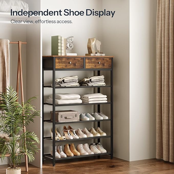 HOOBRO Shoe Rack, 6 Tier Shoe Storage Organizer with 2 Non-Woven Drawers, 15-20 Pairs of Shoes for Entryway, Shoe Shelf with 5 Oxford Fabric Shelves and Wooden Top, Closet, Rustic Brown BF79XJ01