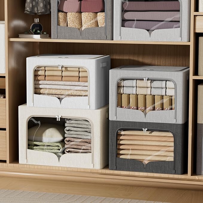 FHSQX 3 Pack Clothes Storage Bins - Foldable Metal Frame Storage Box - Stackable Linen Fabric Container Organizer Set with Carrying Handles and Clear Window (Beige, 19.7x15.7x13inch(66L))