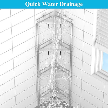 HuggieGems 4 Tier Floor Standing Corner Shower Caddy Organizer Shelf with Hooks, Bathroom Shelves Stand Rack, Gray