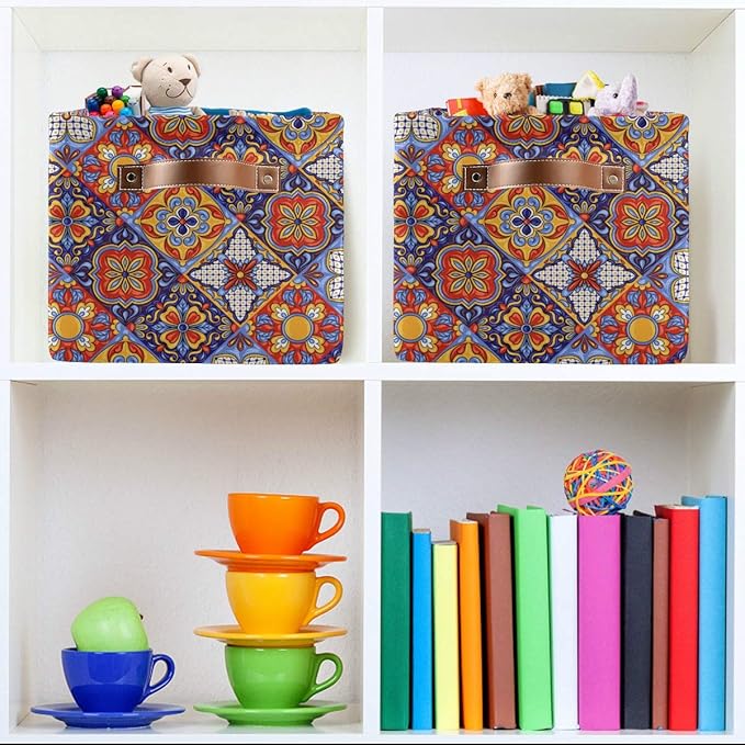 Foldable Storage Baskets, Mexican Ceramic Tile Pattern Storage Bins with Handles, Decorative Cloth Organizer Storage Boxes for Home|Office 15 x 11 x 9.5 in