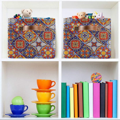 Foldable Storage Baskets, Mexican Ceramic Tile Pattern Storage Bins with Handles, Decorative Cloth Organizer Storage Boxes for Home|Office 15 x 11 x 9.5 in