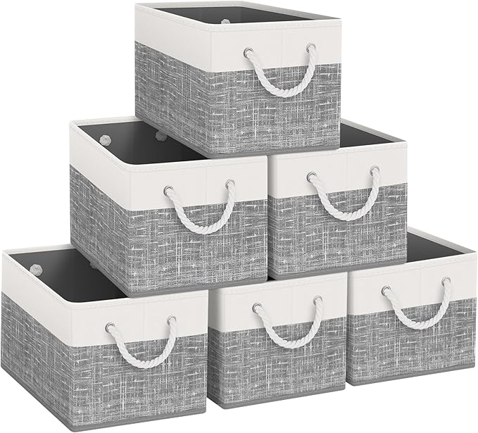 Fab totes Storage Bins 6-Pack, Foldable Storage Baskets for Organizing Toys, Books, Shelves, Closet, Large Storage Box with Rope Handles, Sturdy Organizer Bins, White & Grey