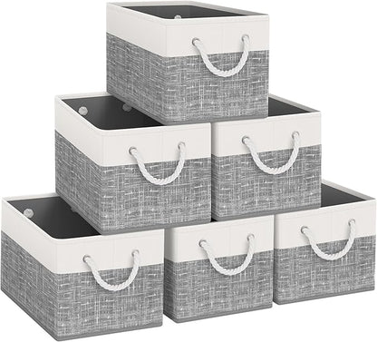 Fab totes Storage Bins 6-Pack, Foldable Storage Baskets for Organizing Toys, Books, Shelves, Closet, Large Storage Box with Rope Handles, Sturdy Organizer Bins, White & Grey