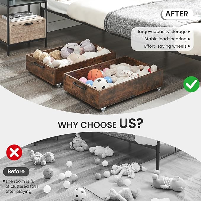 TIOPGHAD Under Bed Storage with Wheels, 2-Pack Under Bed Shoe Storage Organizer Drawer, Composite Wood Particleboard Organizer for Shoes Clothes Containers in Bedroom for Clothes,Shoes(Brown)