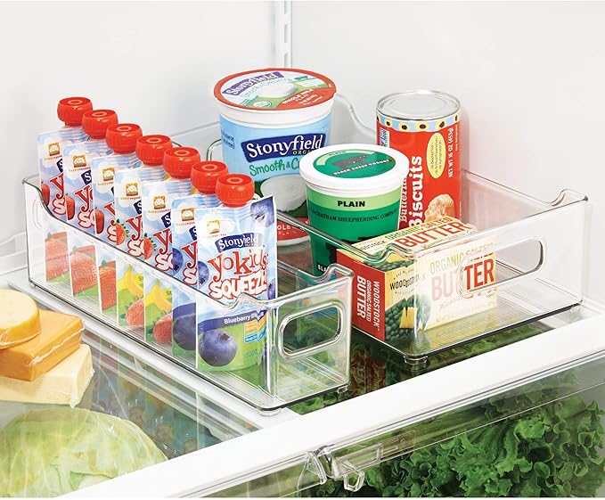 mDesign Wide Plastic Kitchen Storage Container Bins with Handles -Organization in Pantry, Cabinet, Refrigerator or Freezer Shelves - Food Organizer for Fruit, Yogurt, Squeeze Pouches - Clear