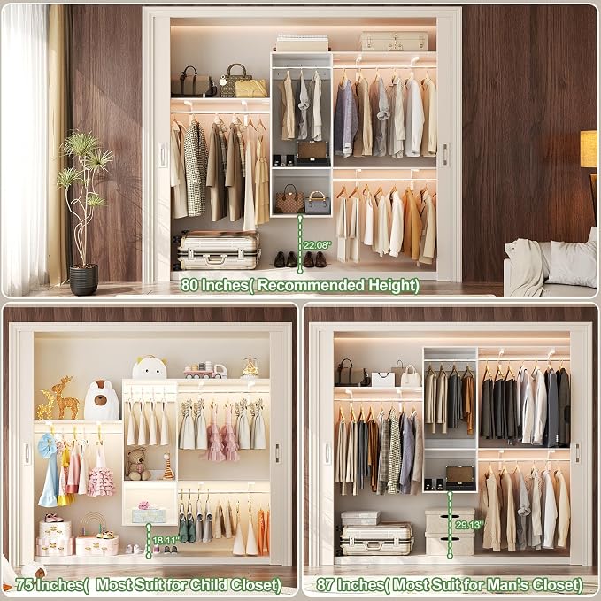 96 Hanging Closet System with 2 Wooden Drawers, 75"–87" Height Adjustable Closet Organizer System with Tower, 4-8FT Custom Closet Shelving System, Wall-Mounted Walk-In Closets Wardrobe, White