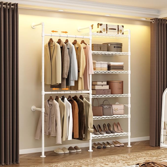 Wall Mounted Garment Rack, Walk-in Closet System with Expandable Rods, Adjustable Shelves, Industrial Pipe Clothing Racks, Hanging Clothes Organizers and Storage, Metal Closet Shelving Wardrobe