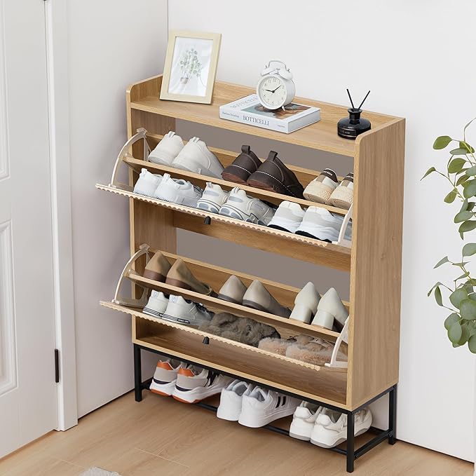 RARZOE Fluted Shoe Cabinet for Entryway with 2 Flip Drawers, Narrow Wood Shoe Cabinet with Fluted Panel, Slim Hidden Shoe Organizer Closed Shoe Rack with Metal Legs for Foyer,Hallway(31.5''Natural)