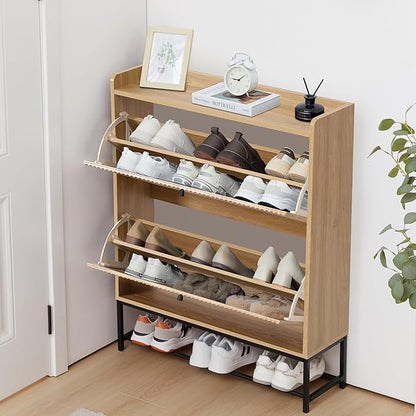 RARZOE Fluted Shoe Cabinet for Entryway with 2 Flip Drawers, Narrow Wood Shoe Cabinet with Fluted Panel, Slim Hidden Shoe Organizer Closed Shoe Rack with Metal Legs for Foyer,Hallway(31.5''Natural)