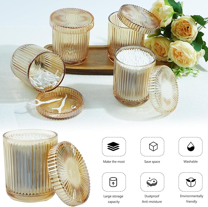 2 Pack Glass Container Qtip Holder with Lid,Mouthwash Cup,Cosmetic Storage for Bathroom,Glass Jars for Cotton Swabs,Makeup Pads,Dental Flossers,Jewelry Trays,Glass holders,Amber