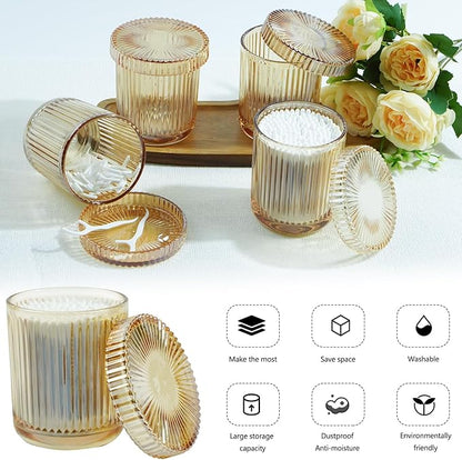 2 Pack Glass Container Qtip Holder with Lid,Mouthwash Cup,Cosmetic Storage for Bathroom,Glass Jars for Cotton Swabs,Makeup Pads,Dental Flossers,Jewelry Trays,Glass holders,Amber