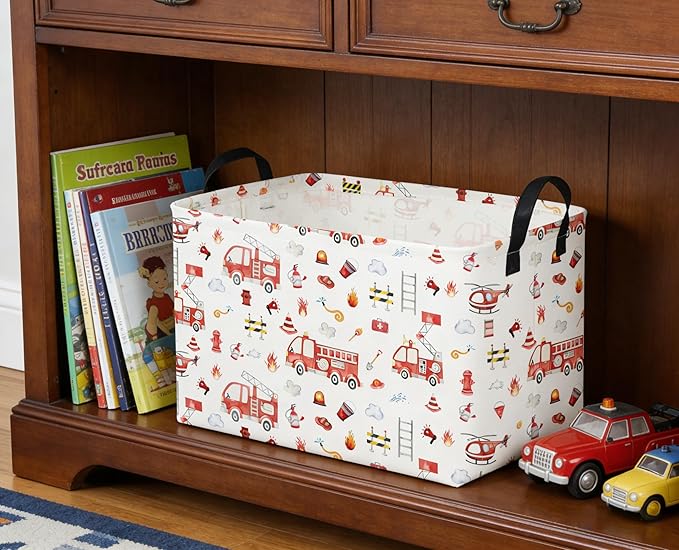 Sanjiaofeng Rectangular Fire Engine Storage Basket,Kids Toy Storage Bin,Nursery Hamper,Kids Storage Basket with Handles,Home Organizer,Books Box,Gift Baskets,Car Room Decor(Fire Engines)