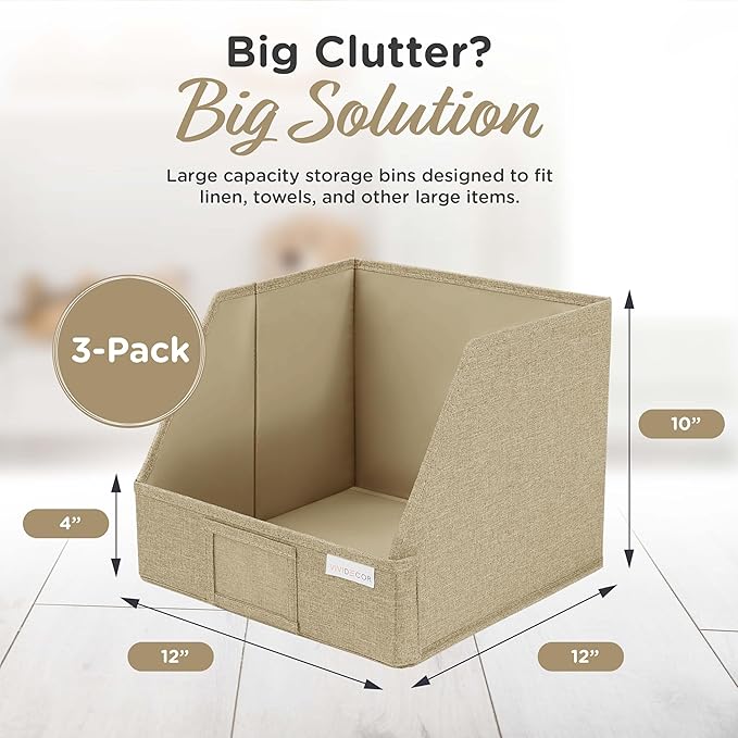 VIVIDECOR Open Front Storage Cubes 12x12x10 – Trapezoid Closet Shelf Bins, Easy Access Fabric Organizer for Clothes, Towels, Sweaters – Brown, 3 Pack