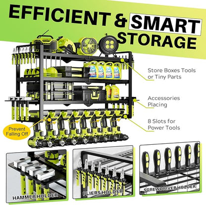 Large Power Tool Organizer Wall Mount, Garage Storage Cordless Tool Organizer with Screwdriver Holder, Heavy Duty Metal Storage Rack with 8 Drill Holder 4 Layer, Gifts for Men Who Have Everything