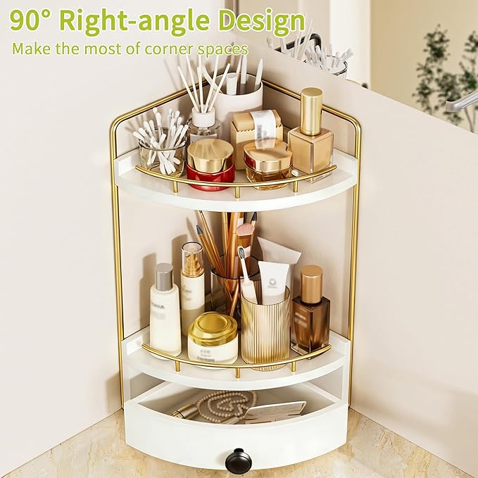 2-Tier Corner Bathroom Counter Organizer with Drawer & Embedded Screw Holes - Wooden Countertop Organizers for Skincare, Makeup Storage, Bathroom Sink Counter Shelf for Vanity, Kitchen, White Gold