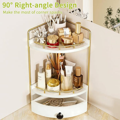 2-Tier Corner Bathroom Counter Organizer with Drawer & Embedded Screw Holes - Wooden Countertop Organizers for Skincare, Makeup Storage, Bathroom Sink Counter Shelf for Vanity, Kitchen, White Gold