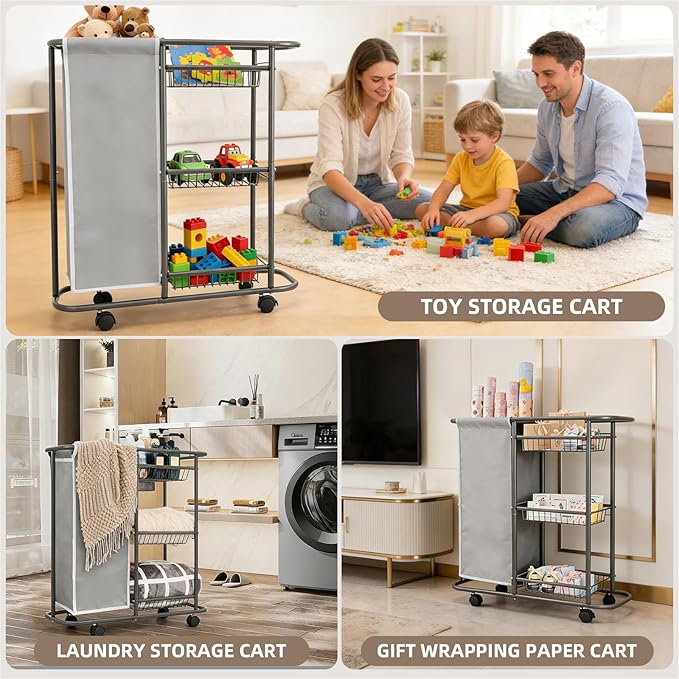 Rolling Laundry Sorter with 3 Storage Baskets and 45 L Bag, 3-Tier Laundry Caddy Between Washer and Dryer,Laundry Room Organization with Wheels and Handle for Narrow Space Bathroom Apartment Dorm
