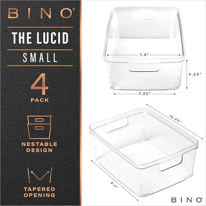 BINO Plastic Storage Containers, Small - 4 Pack THE LUCID COLLECTION, Multi-Use Organizer Bins Built-In Handles BPA-Free Clear, Fridge, Pantry & Home Organization