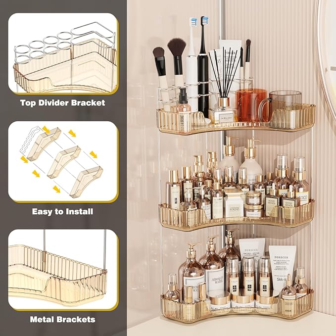 Asayuee 3-Tier Corner Bathroom Counter Organizer with Top Toothbrush Holders,Large Makeup Organizer Countertop with Brush Holder,Skincare Organizers Corner,Exquisite Vanity Organizer (Gold, 3 Tier)