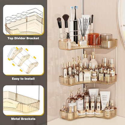 Asayuee 3-Tier Corner Bathroom Counter Organizer with Top Toothbrush Holders,Large Makeup Organizer Countertop with Brush Holder,Skincare Organizers Corner,Exquisite Vanity Organizer (Gold, 3 Tier)