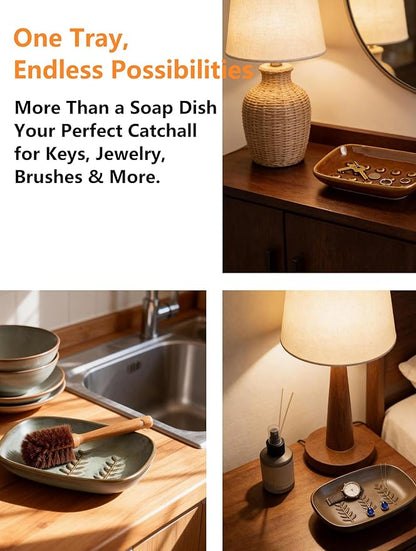 Miamolo Soap Dish for Shower, Ceramic Bar Soap Holder, Soap Saver Non-Slip, Decorative Sponge Tray for Bathroom Kitchen Sink Bathtub, Multi-Purpose, Raised Pattern - Keep Soap Dry, Brown