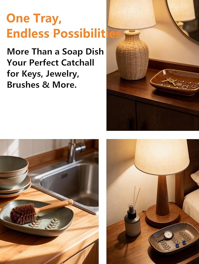 Miamolo Ceramic Soap Dish for Shower, Non-Slip Bar Soap Saver Tray Bar for Bathroom Kitchen Sink Bathtub, Easy to Clean, Dishwasher Safe, Raised Pattern - Keep Soap Dry, Dark Green