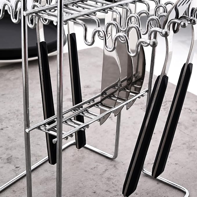 24piece Silverware Set with Hanging Holder, Stainless Steel Tableware Set With Cutlery Storage Rack, Decent Gift Box For Housewarming, Party, Dining - Black Silver, set of 6