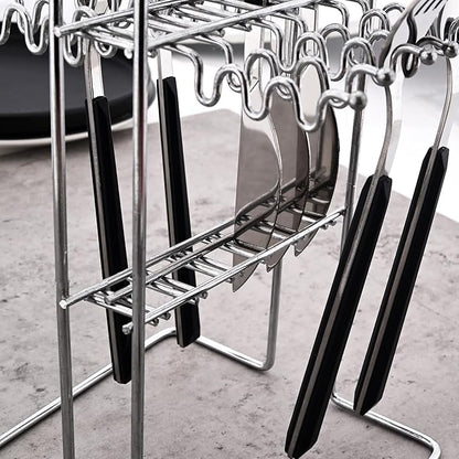 24piece Silverware Set with Hanging Holder, Stainless Steel Tableware Set With Cutlery Storage Rack, Decent Gift Box For Housewarming, Party, Dining - Black Silver, set of 6