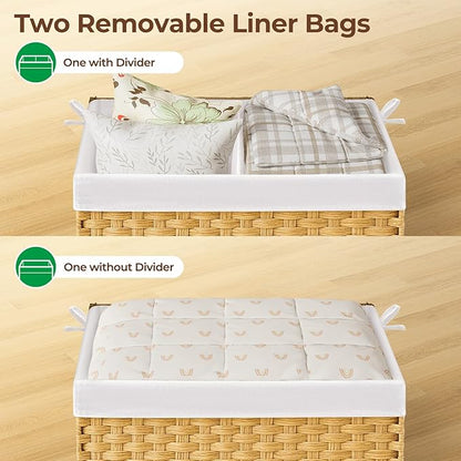 GREENSTELL Storage Basket with Lid, 42.3 Gallon(160L) Lagre Wicker Blanket Storage Basket with Handles, Foldable, 2 Removable Liner Bags, Metal Frame, for Bedroom, Laundry Room, Brown,30"*18.1"*18.1"