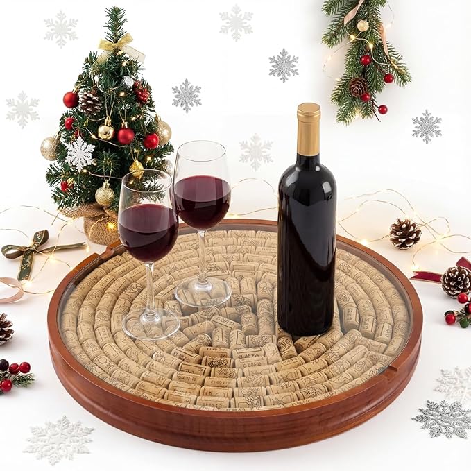 Maxdot Wine Cork Holder Decorative Wine Lover Creative Wedding Gifts for Couples Wooden Lazy Susan for Countertop with Glass Protective Cover Can Store 130 Corks Stoppers Display Bar Table Centerpiece