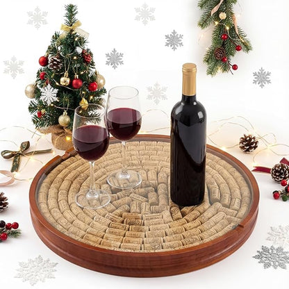 Maxdot Wine Cork Holder Decorative Wine Lover Creative Wedding Gifts for Couples Wooden Lazy Susan for Countertop with Glass Protective Cover Can Store 130 Corks Stoppers Display Bar Table Centerpiece