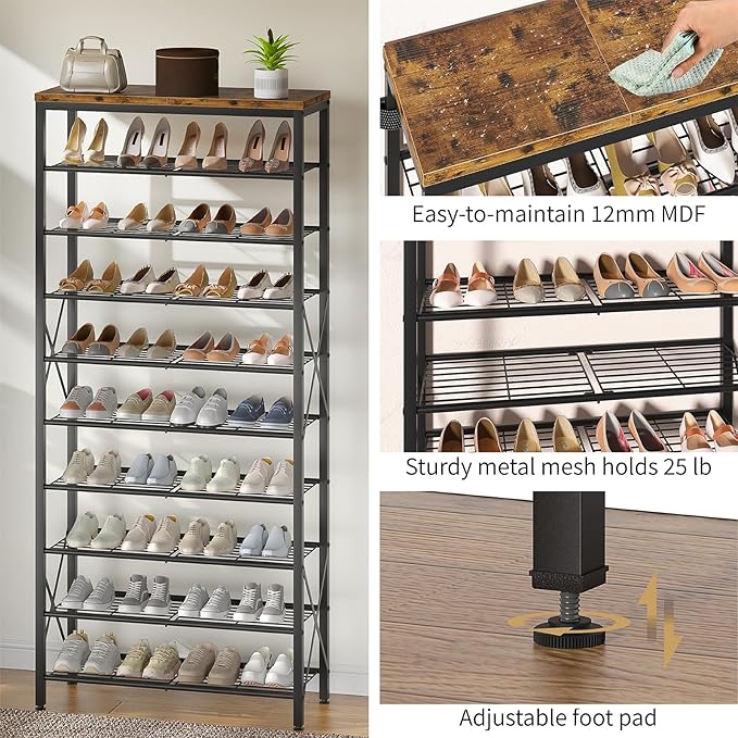 10-Tier Shoe Rack Holds 40 Pairs, Space Saving Shoe Organizer for Entryway Closet Apartment, Industrial Metal Shoe Shelf with Wooden Top, Rustic Brown