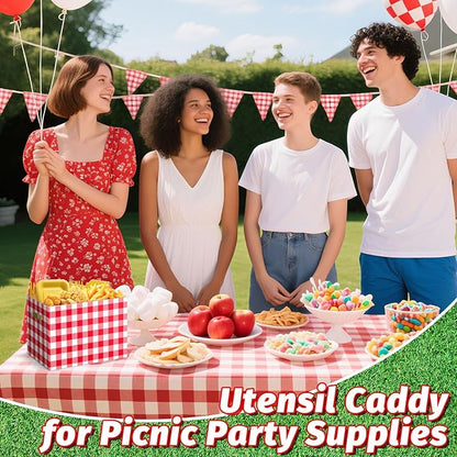 2PCS Red Gingham Utensil Holder Paper Utensil Caddy for Gingham Party Supplies Disposable Cutlery Holder with Handles Party Favors Cutlery Caddy for Red and White Checkered Birthday Decorations