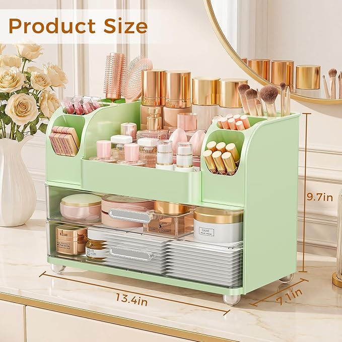 Makeup Organizer for Vanity with Brush Holder, Large Bathroom Countertop Organizer & Skincare Storage | Perfume, Cosmetics Display Case with Drawers (Green)