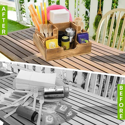 ZAVOOS Paper Plate Dispenser, Small Wood Utensil Holder Silverware Caddy for Cups Spoons Forks Napkins, Rustic Cutlery Flatware Organizer with 9 Compartments for Party, Kitchen, Camping, Buffet