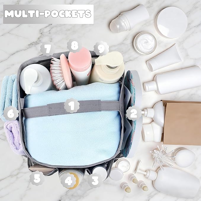 Attmu Mesh Shower Caddy Portable for College Dorm Room Camping Essentials, Shower Caddy Dorm with 9-Pockets, Large Capacity Hanging Basket Bathroom Bag for Toiletry, Swimming, Gym, Camp, Beach
