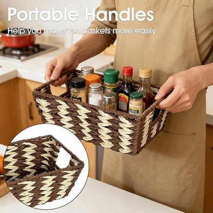 Paper Rope Storage Baskets for Shelves Organizing, Small Hand Woven Wicker Organizer Basket with Handle for Bathroom Toilet Paper Storage, Beige and Brown, 3-Pack