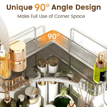 Corner Counter Organizer, 2-Tier Bathroom & Kitchen Storage Tray with Hooks | Clear Vanity Organizer for Skincare, Makeup & Jewelry