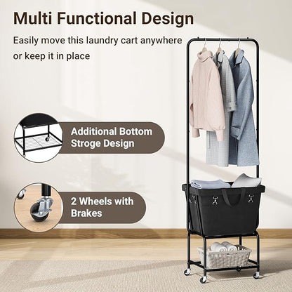 ELYKEN Laundry Cart with Hanging Rack, Rolling Laundry Hamper with Wheels, Laundry Basket with Removable Liner Bag and Shelf, Sturdy Metal Frame Dirty Clothes Basket for Hotel, Home, Closet, Dorm