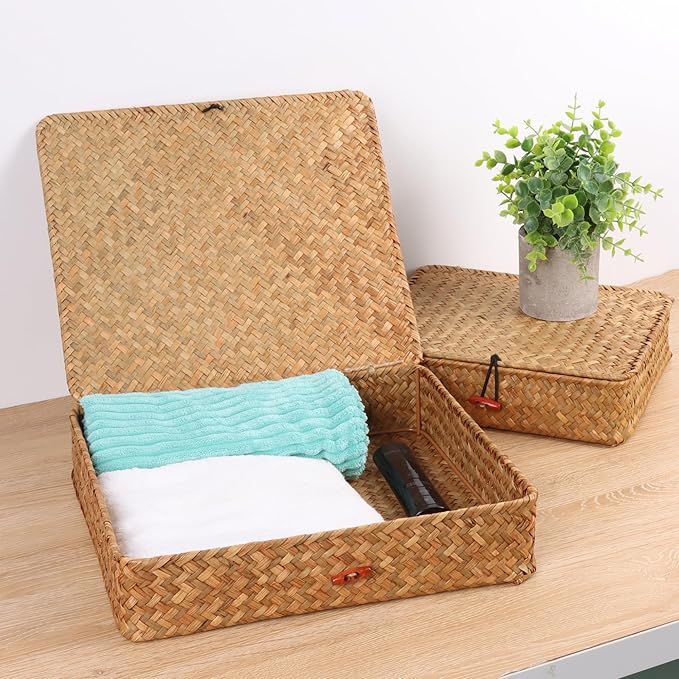 Moosky Flat Wicker Shelf Baskets with Lid, Seagrass Woven Basket Boxes for Storage Basket Bins Multipurpose Home Decor Organizer (Natural Small)