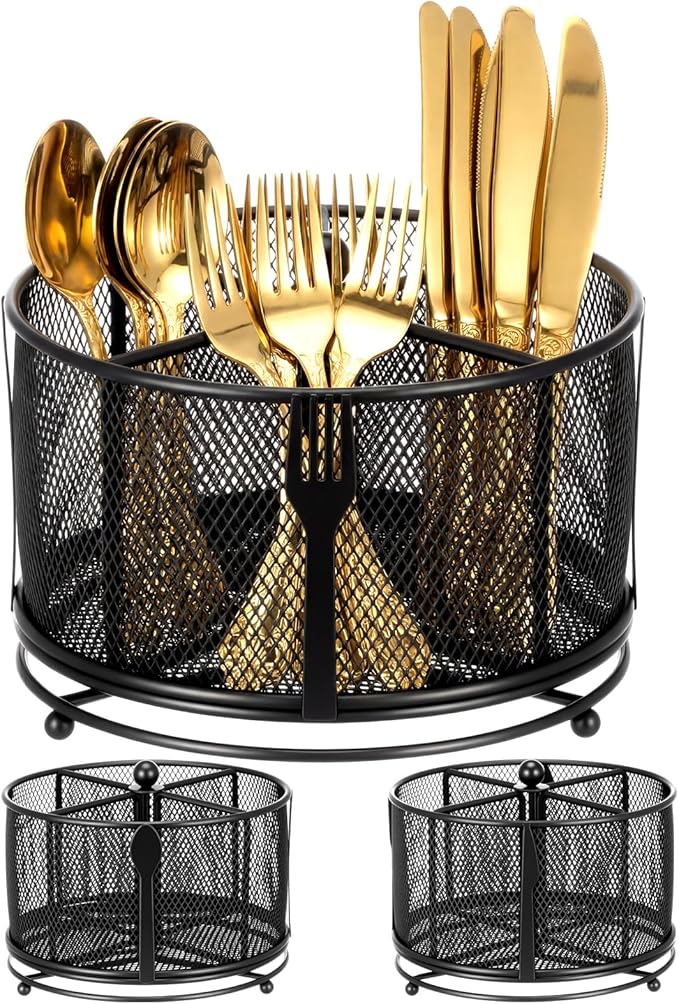 360° Rotating Silverware Utensil Caddy Holder with 4 Compartments Black Metal Mesh Silverware Caddy for Spoon Fork Holder Party Kitchen Countertop Buffet Picnic Camping Outdoor Barbecue