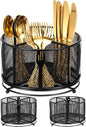 360° Rotating Silverware Utensil Caddy Holder with 4 Compartments Black Metal Mesh Silverware Caddy for Spoon Fork Holder Party Kitchen Countertop Buffet Picnic Camping Outdoor Barbecue