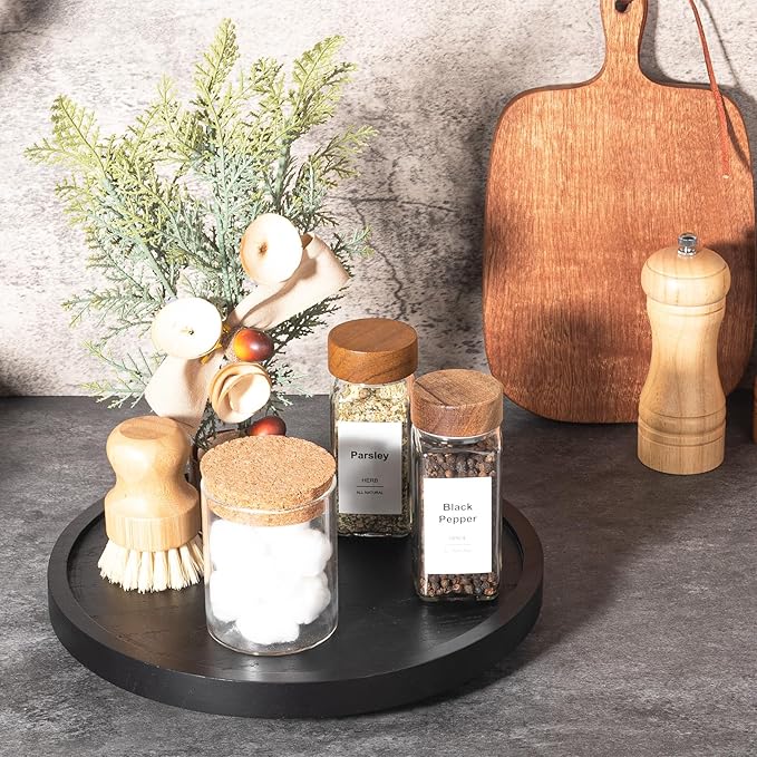 Wood Lazy Susan Organizer Kitchen Turntable for Cabinet Farmhouse Bathroom Decor Round Decorative Tray for Vanity, Counter, Sink, Coffee Table, 10 Inch, Black