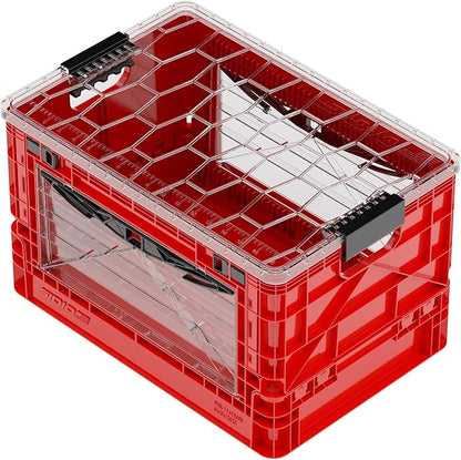 SIDIO Full-Size Collapsible Crate - Heavy Duty Stackable Storage Bin with Lid & 2 Short-Ways Dividers, Durable Plastic Organizer for Home, Office, Garage & Outdoor Use (Red)
