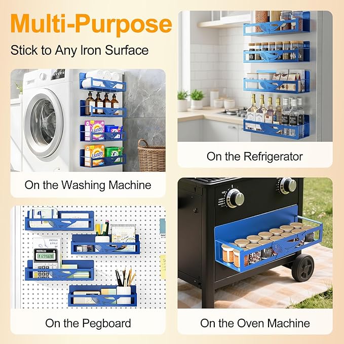 Magnetic Spice Rack for Refrigerator, 4 Pack Metal Magnetic Shelf Organizer for Fridge Side, Strong Spice Storage Rack for Kitchen, Dark Blue
