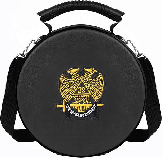 Masonic Scottish Rite 32nd Degree Double Eagle Crown Cap Case – Foldable Design Black Freemason Hat Carrying Box with Shoulder Strap