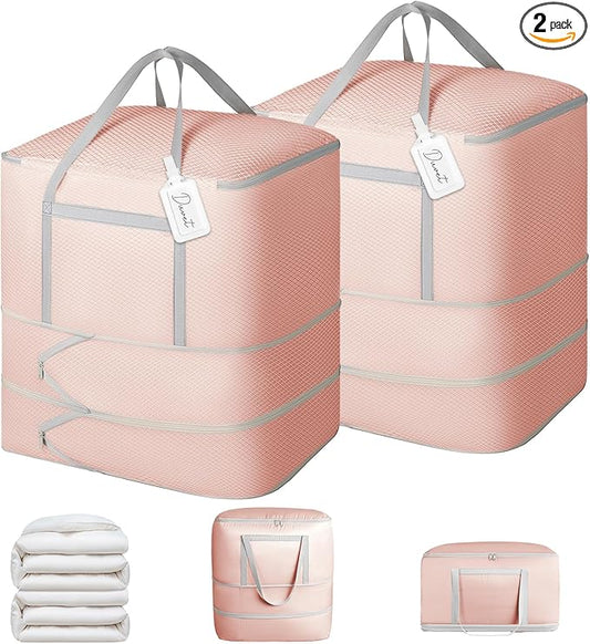 Comforter Storage Bag - 120L Bedding Storage Bags for Moving Closet, Washable Blanket Storage Bag, Ultra Space Saving Self Compression Organizer, 2-Pack, Pink