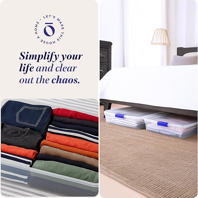 HOMZ 2-Pack Under Bed Storage, Clear Plastic Containers with Lids, 56 Quart, Blue Latch - Stackable Underbed Organizer Bins for Shoes, Bags, Clothes, and Towels