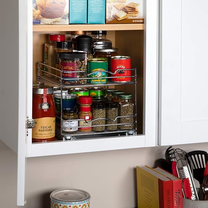 2 Tier Pull-Out Cabinet Spice Rack Organizer - Slim Slide-Out Storage for Spices, Bottles & Jars, Premium Heavy-Duty Steel, Easy Install for Narrow Kitchen Cabinets -10-1/2"Wx10-3/8"Dx8-7/8" H, Chrome